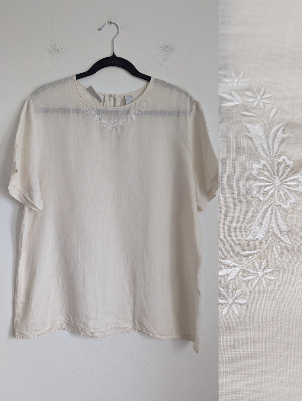 Vintage Antique Ivory Linen Crew Neck Top With Floral Embroidered Crest 16
